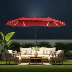 Double Sided Patio Umbrellas - 13ft Solar Lights LED Lighted Outdoor Extra Large Market Table Umbrella with Base Included