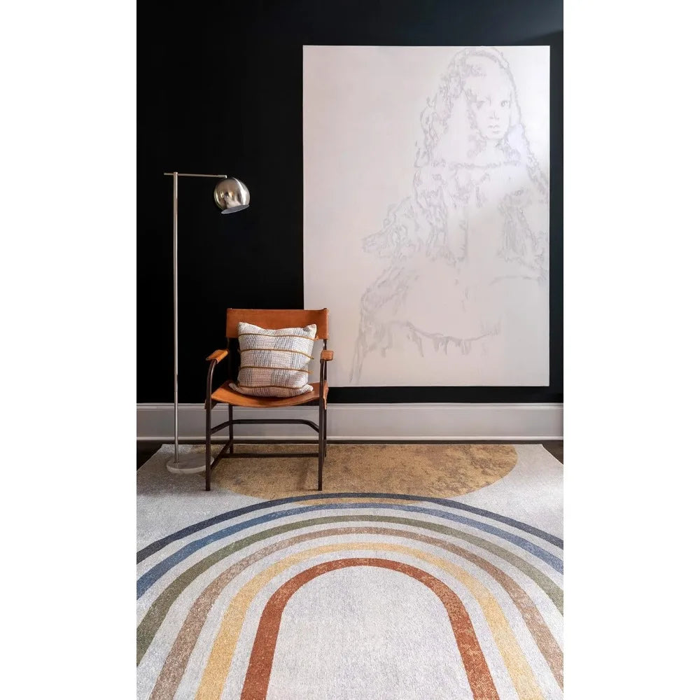 Washable Rugs, 9x12 Eliot Modern Beige Area Rugs, Orange Blue Grey Carpet for Living Room, Bedroom or Kitchen, Rug