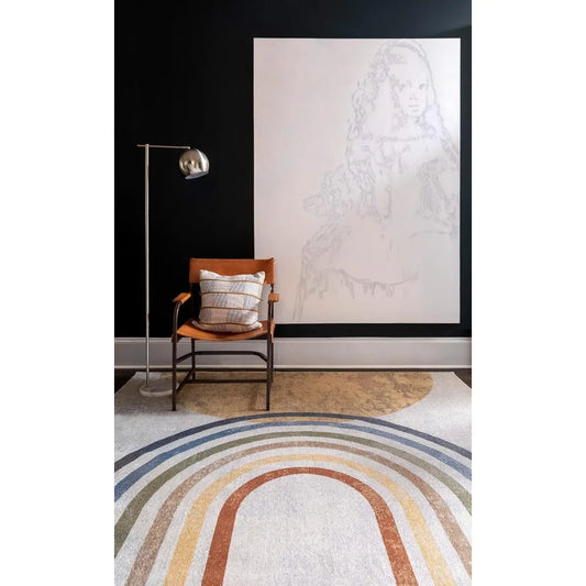 Washable Rugs, 9x12 Eliot Modern Beige Area Rugs, Orange Blue Grey Carpet for Living Room, Bedroom or Kitchen, Rug