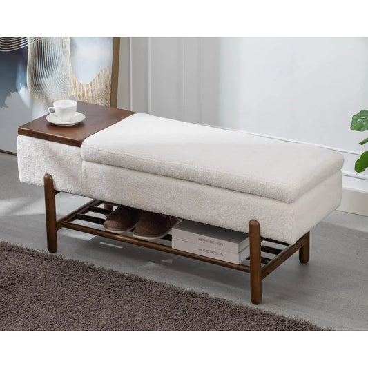 Entryway Storage Bench for Bedroom Sherpa End of Bed Upholstered Ottoman Bench with Wood Shoe Storage/Coffee Table for Living R