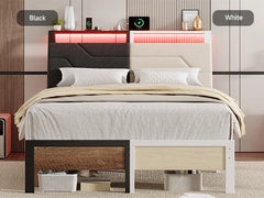 Queen Bed Frame with Headboard and LED Lights, Ergonomic Upholstered Queen Platform Bed Fame with Charging Station & Storage