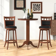 3 Piece Wood Bar Table Set for 2, Round Pub Table with Pedestal Base & 2 Upholstered Swivel Stools with Footrest