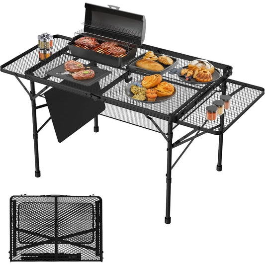 Folding Table with 2 Wing Panels, 3x2 FT with Mesh Desktop,Height Adjustable Folding with Mesh Bag, Outdoor Tables