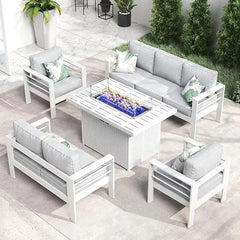 Aluminum Furniture Set with Fire Pit Table, Patio Sectional Conversation Chat Sofa Modern Seating Set
