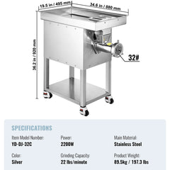 VEVOR 22/36.7Lbs Meat Grinder Capacity Electric Meat Grinders Grinding Plate Sausage Maker for Kitchen Restaurant Butcher Store