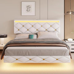 King Size Floating Bed Frame with LED Lights & USB Ports, Faux Leather Upholstered Platform Bed