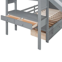 Wood Twin Over Twin Bunk Bed with Desk and Slide,Drawers Bookcase and Storage Staircase for Kids, White