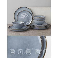 Dinnerware Sets for 4, Ocean Round 12-Piece Kitchen Plates and Bowls Sets, Reactive Glaze, Microwave and Dishwasher Safe,