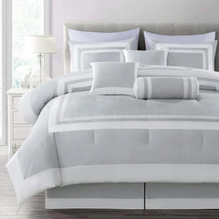Collection Caprice Silver/White Comforter Set Full Size, 7-Piece Square Pattern Hotel Style Bedding Set for All Seasons