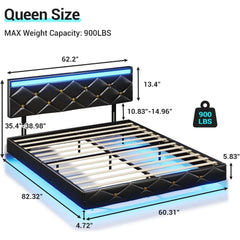 King Size Floating Bed Frame with LED Lights & USB Ports, Faux Leather Upholstered Platform Bed