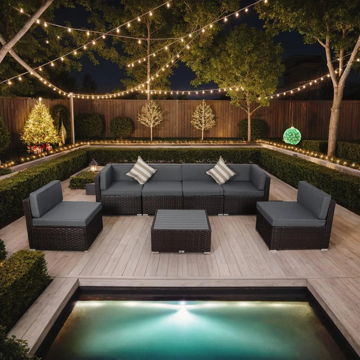 7 Piece Outdoor Patio Furniture Set with Cushions, PE Rattan Wicker Modular Patio Sofa Set with Coffee Table, and Two Pillows
