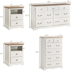Farmhouse 4 Pieces Bedroom Sets Includes 7Drawers Dresser 6 Dresser Organizer, Two Nightstands with Charging Station Bedroom Set