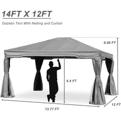 12x14 ft. Outdoor Aluminum Gazebo with Privacy Curtains and Netting, Grey Canopy Shelter for Patio, Garden, Gazebos