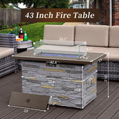 43" Propane Fire Pit Table, Outdoor Stone Firepit Table, Rectangular 50000 BTU Propane Fire Tables for Outside