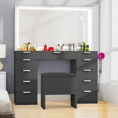 Vanity Desk Set with Adjustable LED Lighted Mirror & Power Outlet, Glass Top Makeup Vanity