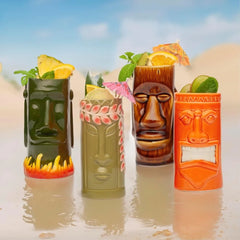 Hard-Carved and Hand-Painted Tiki Mugs Assorted Cocktail Set Party Event Mugs Drinkware, Cute Exotic Cocktail Glasses