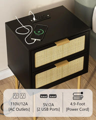 Nightstand with Charging Station, 2 Drawer Dresser for Bedroom, Small Bedside Table