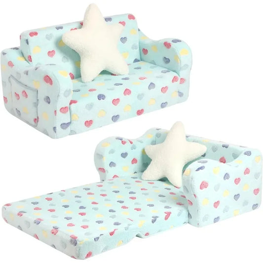 Extra Wider Seating Toddler Couch, 2-in-1 Soft Couch Fold Out with Star Pillow, Convertible Sofa to Lounger for Girls and Boys