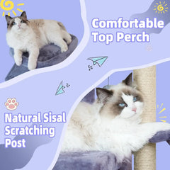 Multifunction Cat Tree with Cozy Hammock & Hanging Ball, Cat Tower with Activity Cat Condo Jute-Covered Scratching Posts, Grey