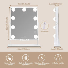 Lighted Vanity Mirror with Bluetooth Speaker & Wireless Charging, 3 Color Modes, 9 Dimmable Bulbs