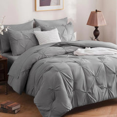 DOWNCOOL 7 Pieces King Size Comforter Set, Pink Pintuck Bed in A Bag, Pinch Pleat King Size Bed Set,All Season Bedding Sets with