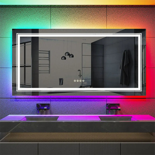 LED Bathroom Mirror Rectangular Wall Vanity Mirror Dimmable with 8 RGB Backlit 3 Front Color Anti-fog, Memory