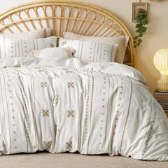Boho Duvet Cover King Size - Checkered King Duvet Cover Set for All Seasons, 3 Pieces Soft Shabby Chic Embroidery Boho Bedding