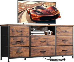 Dresser TV Stand with Power Outlet & 8 Fabric Drawers – Storage Media Console for Bedroom & Living Room