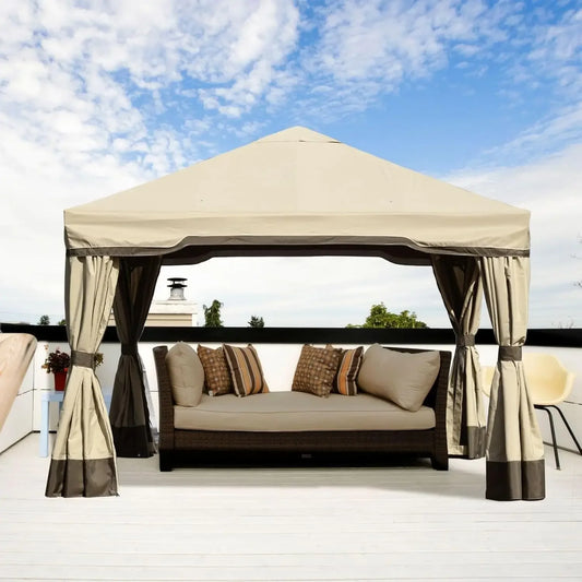 12x12 FT Outdoor Aluminum Gazebo with Privacy Curtains and Netting, Brown Canopy Shelter for Patio, Garden, Yard, Lawn