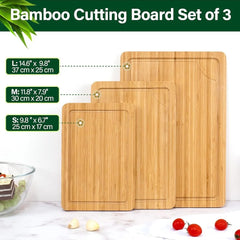 Bamboo Cutting Board Set of 3 with Juice Groove Ergonomic Handles Durable Kitchen Chopping Board Meat Fruit Serving Tray Storage