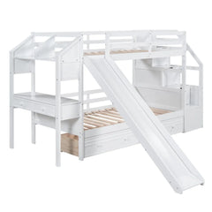 Wood Twin Over Twin Bunk Bed with Desk and Slide,Drawers Bookcase and Storage Staircase for Kids, White