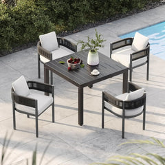 patio 7-Piece Outdoor Dining Set for 6, Fixed Patio Chairs with Thickened Cushions & 1 Rectangular Woodgrain Dining Table