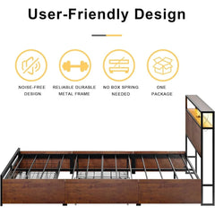 Queen Bed Frame with Storage Headboard and 4 Drawers Bed Frame Queen Size with Charging Station LED Lights Metal