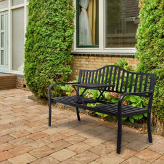 Outdoor Metal Bench Patio Bench with Built in Table Park Bench Garden , Outside Benches Weather Proof Front Porch