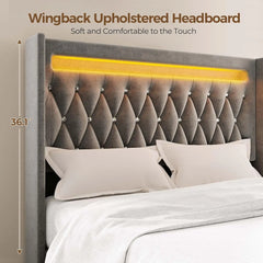 Queen Bed Frame with LED Light and Charging Station, Upholstered High Headboard and Footboard, Wood Slats, Noise Free, Grey