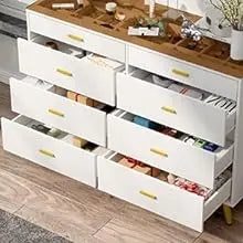 Dresser with LED Lights for Bedroom,8 Drawer Dressers with Tempered Glass Top,Chests of Drawers with 2 Grid Drawer,Living Room