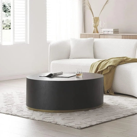 35" Modern Black Round Coffee Table with Gold Rim – Stylish Drum End Table