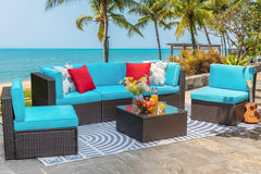 6 Piece Small Patio Furniture Sets, All Weather PE Wicker Rattan Outdoor Sectional Sofa with Glass Table, Cushions and Pillows