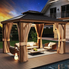 10' x 12' Gazebo, Permanent Wooden Finish Coated Aluminum Frame Canopy, Galvanized Steel Double Top, Outdoor Metal Pavilion with