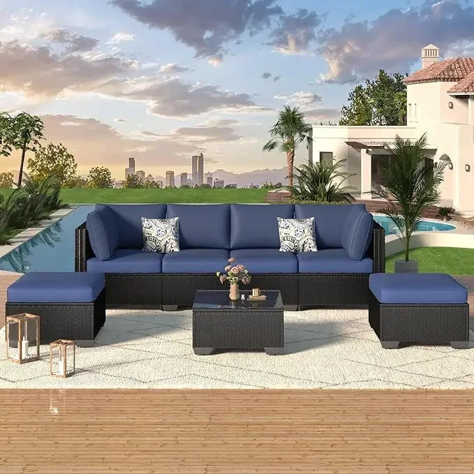 7 Piece Outdoor Patio Furniture Set, PE Rattan Outdoor Grey Wicker Furniture, Outdoor Sectional Furniture Chair Set with Cushion