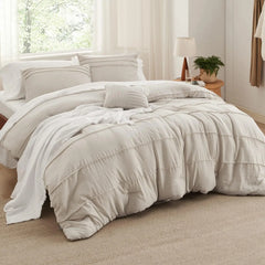 Bedsure King Comforter Set - 4 Pieces Grid Pleat Bed Set, Beige Boho Bedding for All Season, 1 Soft Comforter, 2 Pillowcases, 1