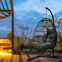 Swing Chair with Stand, Foldable Rattan Wicker Hanging Egg Chair Hammock Chair with Cushion and Pillow for Patio Garden