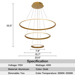 Modern LED Chandelier for High Ceiling, Dimmable 3-Ring Gold Pendant Light with Remote Flush Mount Ceiling Light for Living Room