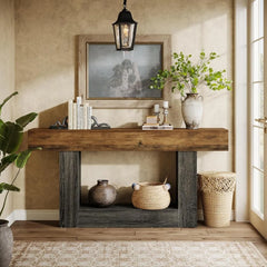 63-Inch Long Console Table, 2-Tier Entryway Table Sofa Table with Storage, Farmhouse Wood Behind Couch Tables for Living Room,