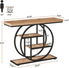 Console Table, Industrial 4-Tier Sofa Table Entryway Table with Circle Base, Narrow Wood Accent Tables with Sto