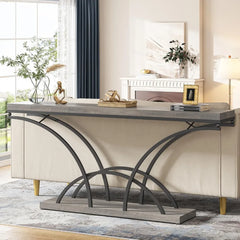 70.9 Inch Extra Long Console Table for Entryway, Gray Sofa Table with Wood Tabletop, Modern Accent Tables with Half-Moon Shape