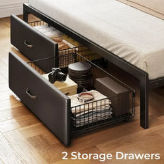 Queen Size Bed Frame with Drawers & Charging Station, Upholstered Platform Bed with LED Storage Headboard