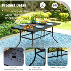 Outdoor Patio Table for 6 People, Rectangular Metal Patio Outdoor Dining Table, Black Steel Slatted Weather-Resistant Table with