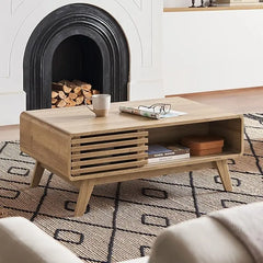 Mid-Century Modern Coffee Table with Sliding Doors & Storage – Wooden Living Room Centerpiece