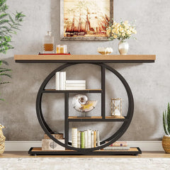 Console Table, Industrial 4-Tier Sofa Table Entryway Table with Circle Base, Narrow Wood Accent Tables with Sto
